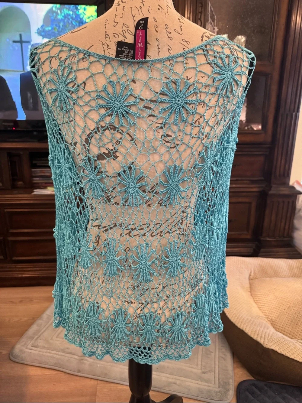 Say what one size Teal Crochet Lace top